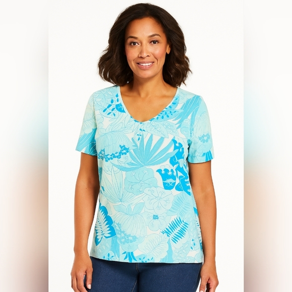 Talbots Tropical Print V-Neck Shirt Women Medium Blue White Preppy Vacation Y2K - Picture 1 of 6
